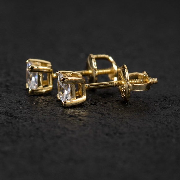 Mini Gold Square Princess Cut Stud Earrings - Picture 3 of 5